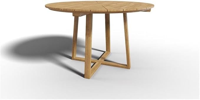 Pemberly Row Round Teak Outdoor Dining Table, Natural Finish, Starburst Slatted Top, Seats 4-6, Premium Teak, Hand-Sanded, Durable Patio Furniture for Garden or Lawn Use