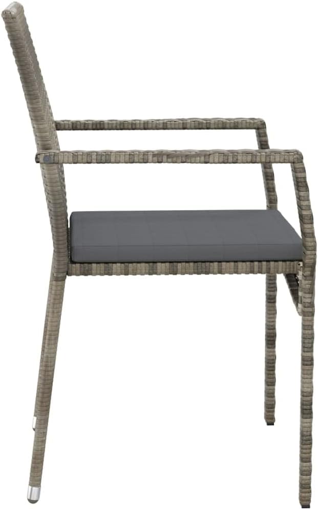 5 Piece Patio Dining Set with Cushions Gray Poly Rattan Outdoor Dining Table and 4 Chairs for Garden Backyard Deck Weather Resistant PE Wicker Steel Frame Acacia Wood Tabletop Comfortable Seating
