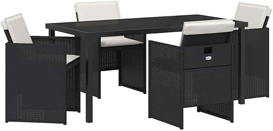 Afuera Living 5-Piece Poly Rattan Garden Dining Set, Black Finish, Metal Frame and Tempered Glass Tabletop, Modern Patio Furniture for Outdoor Meals, Weather-Resistant Seating for 4