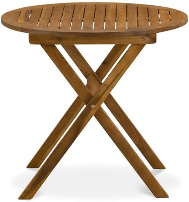 Pemberly Row Outdoor Folding Patio Dining Set, Acacia Wood, Natural Oil Finish, Round Table and 2 Chairs, Compact Space-Saving Design, Slatted Chair Backs, Easy-to-Clean for Balcony or Small Patio Use