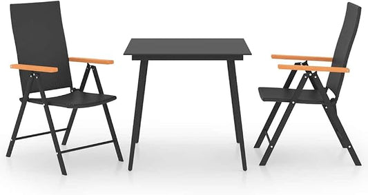 3-Piece PE Rattan Garden Dining Set with Adjustable Armrests, Black and Brown Frame, Compact for Small Balconies and Patios