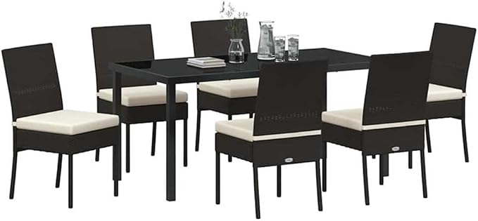 Afuera Living 7 Piece Poly Rattan Garden Dining Set, Black Finish, Powder-Coated Steel Frame, UV-Resistant, Removable Cushions, Modern Outdoor Patio Furniture for Garden or Backyard Dining