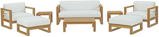 Pemberly Row 8-Piece Teak Patio Sofa Set, Natural Wood and White Finish, Includes Sofa, Armchairs, Ottomans, Coffee Table and Side Tables, Modern Outdoor Furniture with Washable Cushions