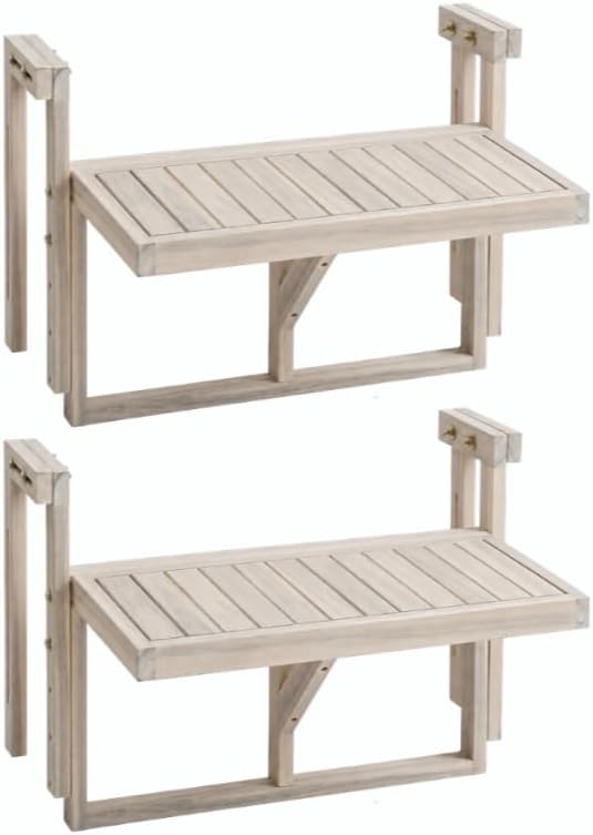 Acacia Wood Balcony Hanging Table – Stable Fixed Outdoor Railing Table – Weather-Resistant White Finish – Adjustable Mounting for Small Balcony, Patio, and Porch