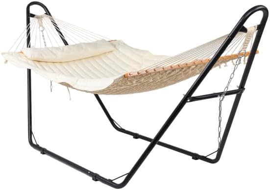 Hammock with Stand, Quilted Pad & Pillow, 76.8 x 55.1in Bed (Beige) | Anti-Rust Iron Frame, Adjustable Steel Chains