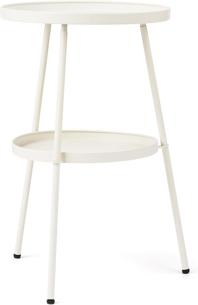 2 Tier Metal Round Side Table, Outdoor End Table for Small Spaces, Indoor Outdoor Nightstand for Living Room, Bedroom or Office (Cream)