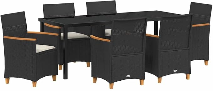 7-Piece Outdoor Dining Set, Black Poly Rattan Patio Furniture with 6 Chairs and Glass Tabletop for Garden, Backyard, and Terrace