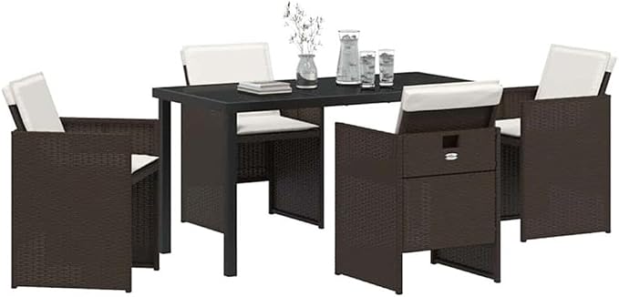 Afuera Living 5 Piece Patio Dining Set, Poly Rattan with Cushions, Brown Finish, Tempered Glass Table, Powder-Coated Steel Legs, Weather-Resistant Outdoor Seating for Gardens, Patios, or Backyard Use