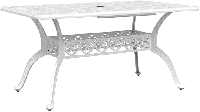7 Piece Patio Dining Set, White Cast Aluminum Outdoor Table and 6 Chairs for Backyard, Garden and Lawn, 59-Inch Rectangular Dining Table with Umbrella Hole