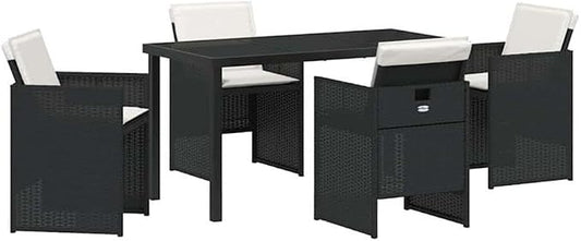 Afuera Living 5-Piece Poly Rattan Patio Dining Set, Black Finish, Tempered Glass Tabletop, Powder-Coated Steel Legs, Foldable Chairs with Weather-Resistant Cushions, Modern Outdoor Furniture for