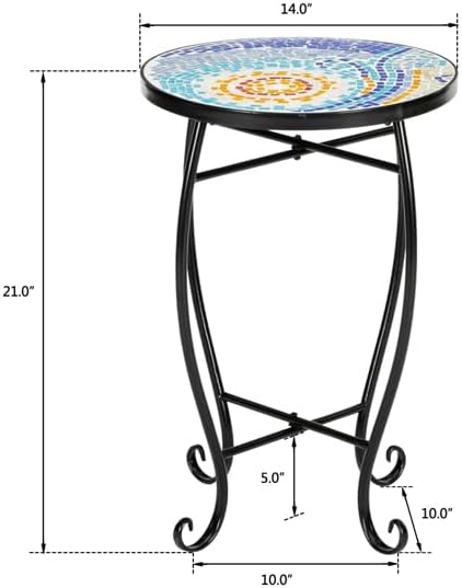 Blue Hawaiian Mosaic Patio Side Table, Round Outdoor Bistro Accent Table with Metal Frame, Weather Resistant Plant Stand Coffee End Table for Balcony Porch Garden Poolside