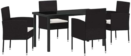 Afuera Living 5 Piece Poly Rattan Garden Dining Set, Black Finish, Tempered Glass Table, Cushioned Seats, UV-Resistant Outdoor Furniture for Patio, Garden, or Outdoor Dining Events
