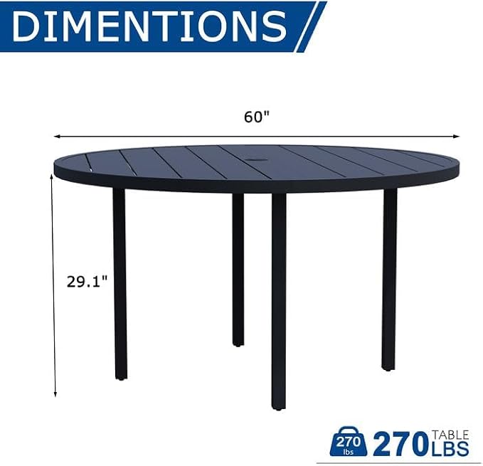 60" Round Patio Table with Umbrella Hole, Metal Outdoor Dining Table for Garden, Backyard and Deck, 8 Person Round Patio Dining Table for Outside, Black