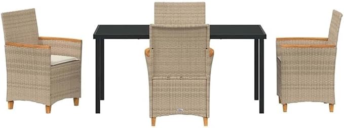 Afuera Living 5 Piece Poly Rattan Garden Dining Set, Brown Finish, Weather-Resistant UV-Protected Material, Steel Frame, Glass Top, Seating for 4, Modern Outdoor Patio or Garden Furniture for Dining