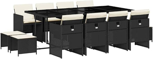 Large Rectangular Garden Dining Set for 12, Black PE Rattan and Tempered Glass, Foldable Chairs and Stackable Stools for Patio Balcony Backyard