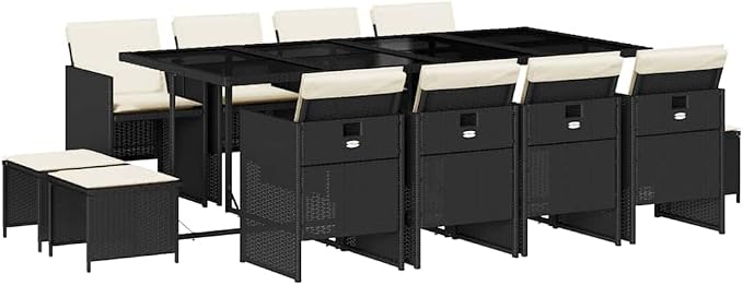 Large Garden Dining Set for 12 People, Black PE Rattan and Tempered Glass, Foldable Chairs and Stackable Stools for Patio, Balcony, Backyard