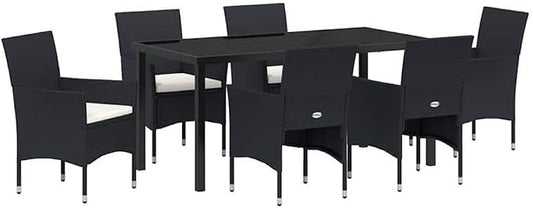 Afuera Living 7 Piece Poly Rattan Garden Dining Set, Black Finish, Powder-Coated Steel Frame, Weather-Resistant Cushions, Tempered Glass Table, Seating for 6, Outdoor Patio or Backyard Dining Use