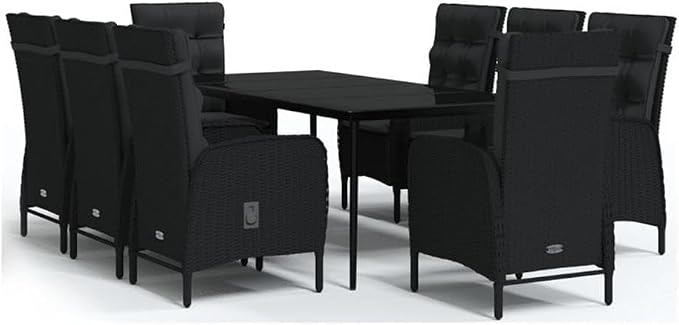 Afuera Living 9-Piece PE Rattan Garden Dining Set, Powder-Coated Steel Glass Table, Black Finish, 78.7 x 39.4 in, Modern Patio Set, Weather-Resistant Outdoor Dining Furniture for Terrace, Backyard,