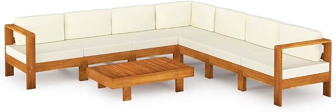 8 Piece Patio Lounge Set with Cream White Cushions,Outdoor Couch,Patio Bar Set,Modern Outdoor Furniture,Dining Bench with Back,Bistro Set,for Patio Deck Garden,Backyard & Lawn,Acacia Wood