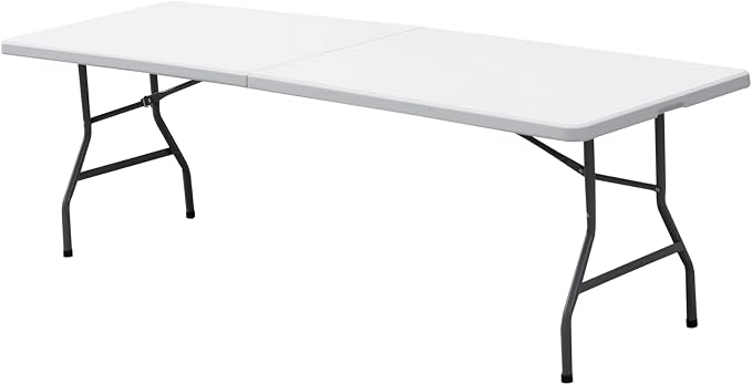 8 FT Folding Table, Fold in Half, Heavy Duty Portable w/Handle Plastic for Picnic Party Camping Dining Indoor Outdoor - Lightweight White