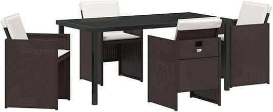 Afuera Living 5 Piece Poly Rattan Patio Dining Set, Brown Finish, Tempered Glass Tabletop, Weather-Resistant Cushions, Powder-Coated Steel Legs, Modern Outdoor Garden Furniture for 4-Person Seating