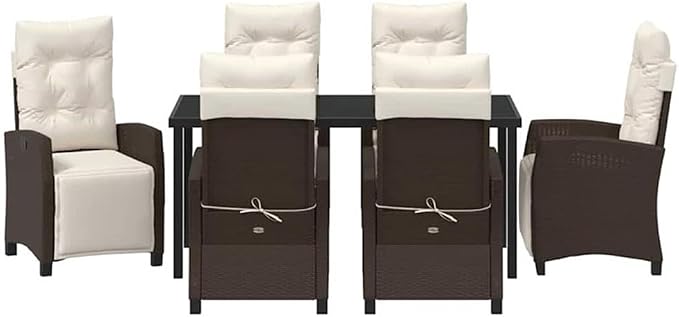 Afuera Living 7-Piece Poly Rattan Garden Dining Set, Brown Woven Texture, Glass Topped Table with Steel Legs, Cushioned Chairs with Adjustable Backrest, Modern Outdoor Patio Furniture, Seats 6