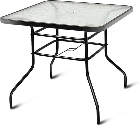 32in Outdoor Table Patio Dining Table Outdoor Dining Table with Umbrella Hole Square Tempered Glass for Yard Bistro Lawn Balcony (Black, Square 31x31x28in)