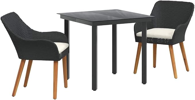 Garden Dining Set with Cushion 3 Pcs Black Poly Rattan Outdoor Patio Bistro Table Chairs Weatherproof Stackable for Deck Yard Porch