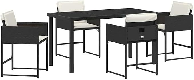 Afuera Living 5 Piece Poly Rattan Garden Dining Set, Black Finish, Glass Tabletop, Durable Steel Frame, Weather-Resistant Woven Texture, Cushioned Chairs, Modern Outdoor Patio or Balcony Furniture Set