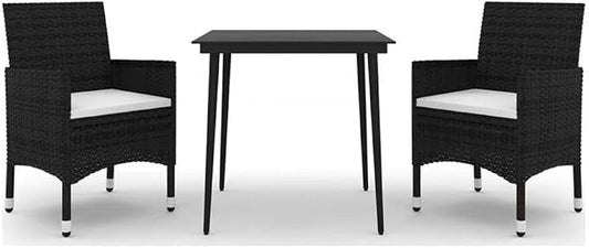 Afuera Living Contemporary PE Rattan Patio Dining Set, Black Powder-Coated Finish, Weather-Resistant Outdoor Furniture with Cushioned Seats, Table and 2 Chairs, Ideal for Garden or Terrace