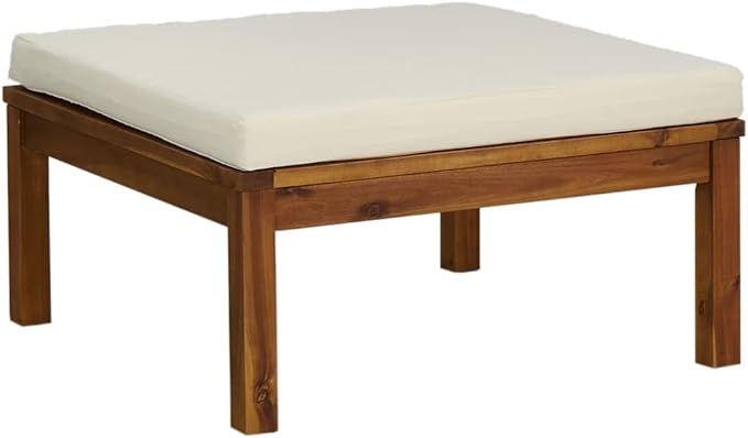 3 Piece Patio Conversation Sofa Set with Cream White Cushions, Acacia Wood Patio Furniture Set with Middle Sofa, Coffee Table, Footrest for Porch, Deck, Backyard,-420