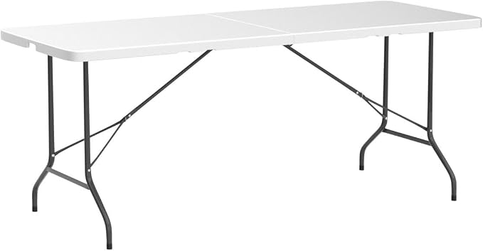 ZenStyle 6 ft Indoor Outdoor Heavy Duty Plastic Folding Table Portable Picnic Table Fold-in-Half Utility Table w/Handle and Steel Legs for Camping, Dining, Party, 71 x 27 Inch, White