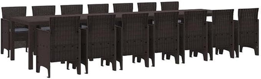 Afuera Living 15 Piece Poly Rattan Garden Dining Set, Brown Finish, Weather-Resistant Outdoor Patio Seating with Cushions, Flat Armrest Design, Spacious 157.5 x 39.4 in Setup for BBQs or Gatherings