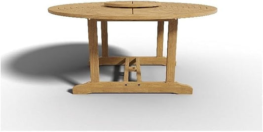 Pemberly Row 59" Round Teak Outdoor Dining Table with Lazy Susan, Natural Finish, Premium Teak Construction, Hand-Sanded, Slated Top, Patio Furniture for Outdoor Dining and Al Fresco Meals