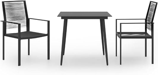 BOWERY HILL Contemporary 3-Piece Dining Set, Powder-Coated Steel Frame, Black Finish, Glass-Topped Table with 2 Chairs, Compact Outdoor Patio or Garden Furniture for Small Spaces