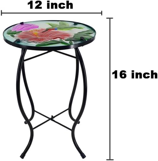 12 Inch Round Hummingbird Glass Side Table, Patio Small Table, Outdoor Side Table, Outdoor Bar Table, Metal Glass End Table for Porch Garden Patio Pool Living Room