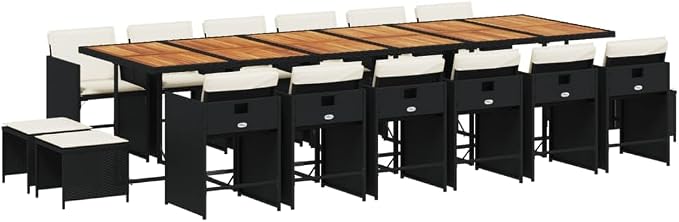 17-Piece Outdoor Dining Set, Black PE Rattan Patio Furniture with Large Acacia Wood Table, 12 Space-Saving Folding Chairs and 4 Stools with Cream White Cushions for Garden Backyard