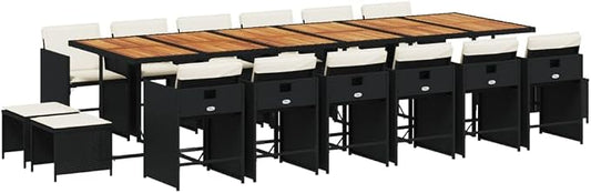 17-Piece Outdoor Dining Set, Black PE Rattan Patio Furniture with Large Acacia Wood Table, 12 Space-Saving Folding Chairs and 4 Stools with Cream White Cushions for Garden Backyard