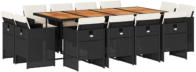 12 Seater Garden Dining Set Black and Brown Outdoor Patio Table with 12 Chairs Folding Poly Rattan Acacia Wood UV Resistant for Backyard Terrace Entertaining