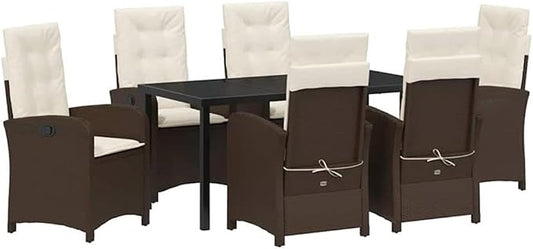 Afuera Living 7 Piece Poly Rattan Patio Dining Set with Cushions, Brown Finish, Weather-Resistant Steel Frame, Glass Table Top, Adjustable Backrest, Ergonomic Seating for Outdoor Garden or Backyard