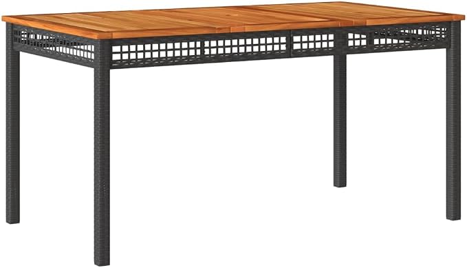 Outdoor Garden Dining Table with Acacia Wood Top and Poly Rattan Base, 55.1x31.5x29.5 Inch Patio Table Black for Backyard