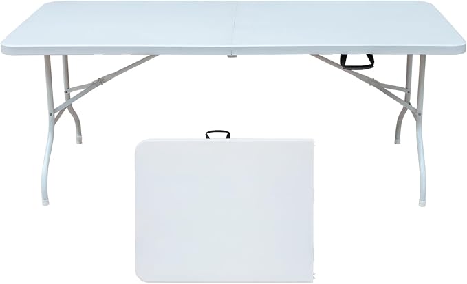 6ft Plastic Folding Table Portable Heavy Duty White Dining Table Fold-in-Half for Camp Party Kitchen Indoor Outdoor