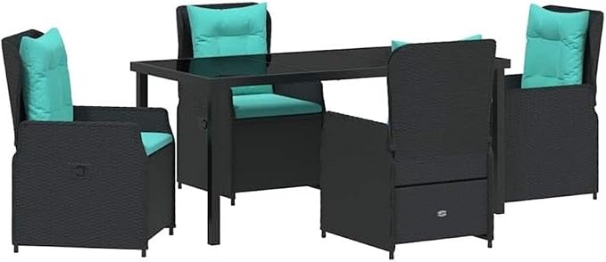 Afuera Living 5 Piece Poly Rattan Garden Dining Set, Black Finish, Powder-Coated Steel Frame, Weather-Resistant, Adjustable Armrests, Modern Outdoor Patio Furniture for Gardens or Poolside Dining