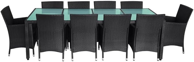 11 Piece Outdoor Patio Dining Set with Cushions Poly Rattan Black, All-Weather Wicker Garden Furniture with Tempered Glass Tabletop and 10 Chairs for Backyard Deck Poolside Entertaining