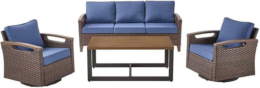 Rilyson Wicker Outdoor Patio Furniture Set of 6, 6 Piece Patio Conversation Sets with 2 Chairs, Sofa and Coffee Table, Thick Cushions, Waterproof Wicker, for Porch Deck Brown/Blue