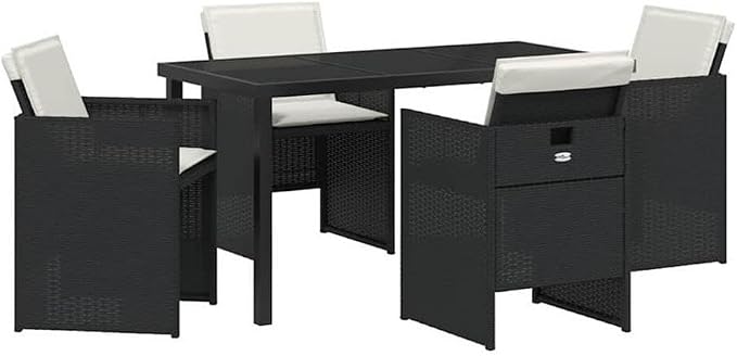Afuera Living 5 Piece Poly Rattan Garden Dining Set, Black Finish, Metal Frame with Tempered Glass Tabletop, Weather-Resistant Outdoor Patio Seating, Modern Style, Seating Capacity 4