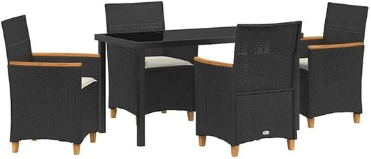 Afuera Living 5 Piece Poly Rattan Garden Dining Set, Black Finish, Steel Frame with Glass Tabletop, Weather-Resistant and Durable, Modern Patio or Outdoor Terrace Seating for 4