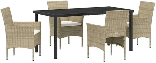 Afuera Living 5 Piece Patio Dining Set, Poly Rattan and Powder-Coated Steel Frame, Beige Weather-Resistant Cushions, Tempered Glass Tabletop, Modern Garden Furniture for Outdoor, Backyard, or Deck Use