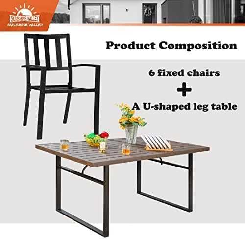 SUNSHINE VALLEY 7 Piece Patio Dining Set for 6, 64x38 Wood-Like Metal Table with Umbrella Hole and 6 Pcs Rust-Proof Stackable Chairs, Outdoor Table and Chairs Set for Backyard Garden Deck (Style 1) | 64x38 Table&6 Pcs Rust-Proof Stackable Chairs, Outdo...