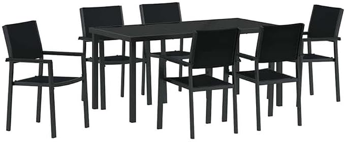 Afuera Living 7-Piece Powder-Coated Steel Garden Dining Set, Black Finish, Weather-Resistant UV-Protected Materials, Seating for 6, Modern Outdoor Patio Furniture for Spring and Summer